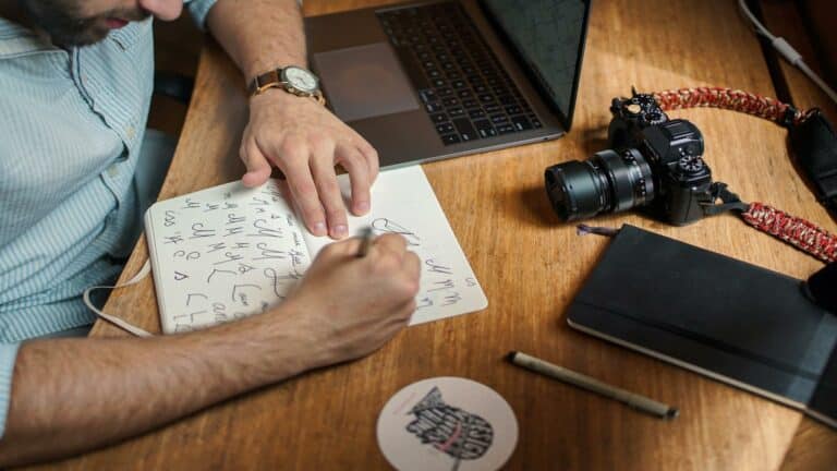 Designer sketching ideas for responsive website design on a notebook with tools like a laptop and camera nearby