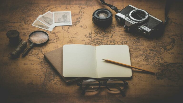 Essential tools for local business marketing including a camera, notebook, and map