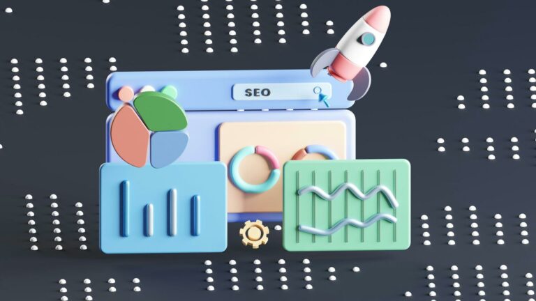 3D illustration of content marketing analytics dashboard showing SEO metrics, performance charts, and a rocket symbolizing growth