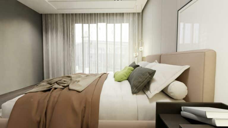 Optimize image sizes for a modern bedroom with elegant decor and natural light