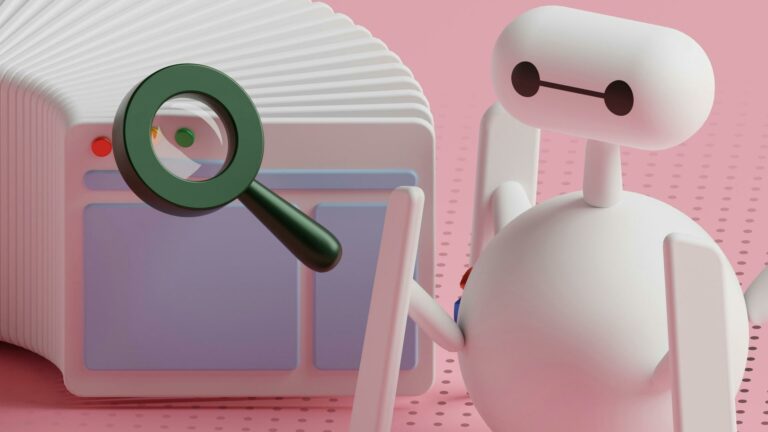 3D illustration of Baymax-style robot examining search magnifying glass against pink background