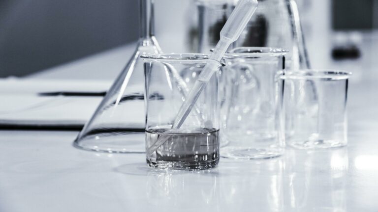 Website accessibility standards testing equipment showing transparent laboratory beakers and pipettes on a clean white surface