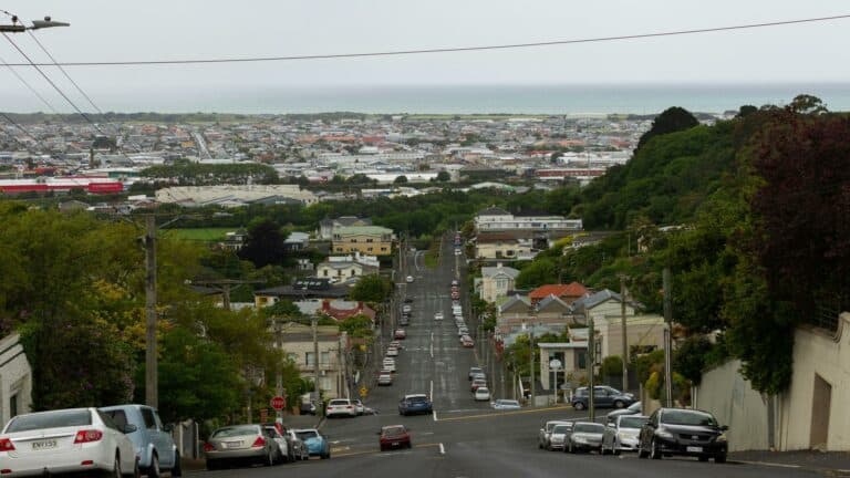 View of a city street with cars and buildings