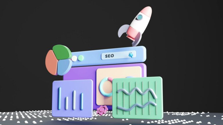 3D illustration of SEO analytics dashboard with pie chart, bar graphs, line charts, and a rocket symbol, featuring pastel colors on dark background