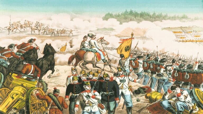 Illustration of a 19th-century battlefield with soldiers, horses, and cannons.