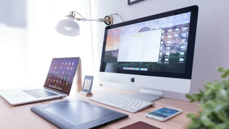 Desk setup with computer, laptop, and smartphone