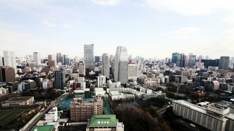 Modern Tokyo cityscape targeting local customers with skyscrapers and educational facilities in foreground