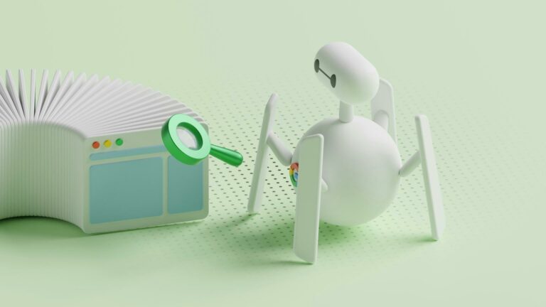 3D illustration of Baymax-style robot examining browser window with magnifying glass on mint green background