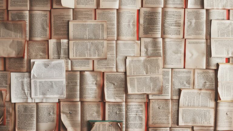 Multiple open books arranged in a flat lay pattern showing pages of text creating a literary mosaic