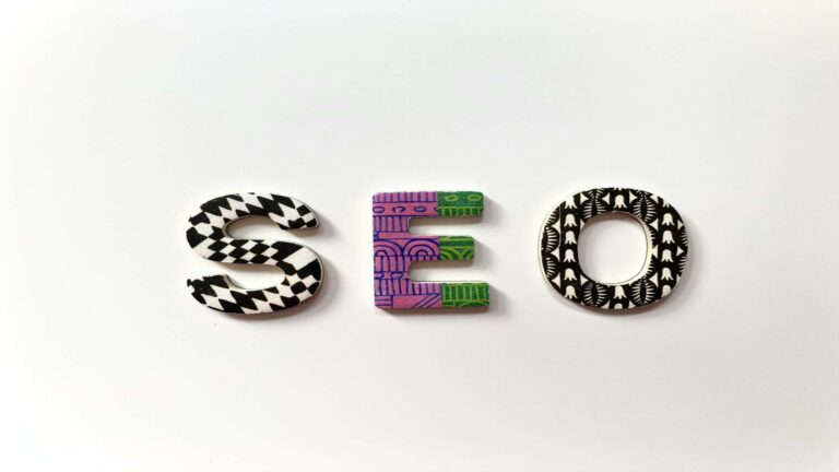 Website content ideas spelled out with decorative SEO letters featuring geometric patterns