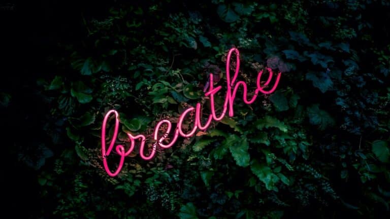 Pink neon sign spelling 'breathe' against a backdrop of green leaves