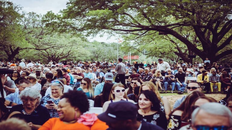 Large crowd seated outdoors under trees to improve user engagement in community events