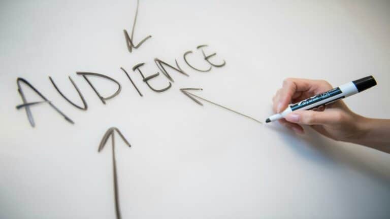 Hand writing 'Audience' on a whiteboard with arrows pointing towards it