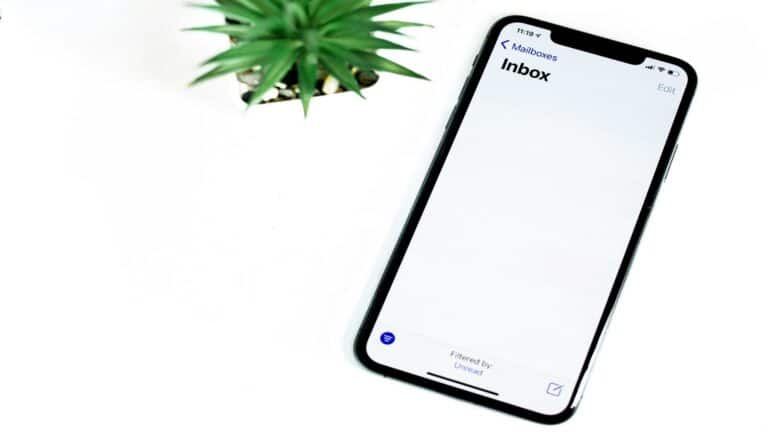 Smartphone showing an empty inbox screen with a plant in the background.