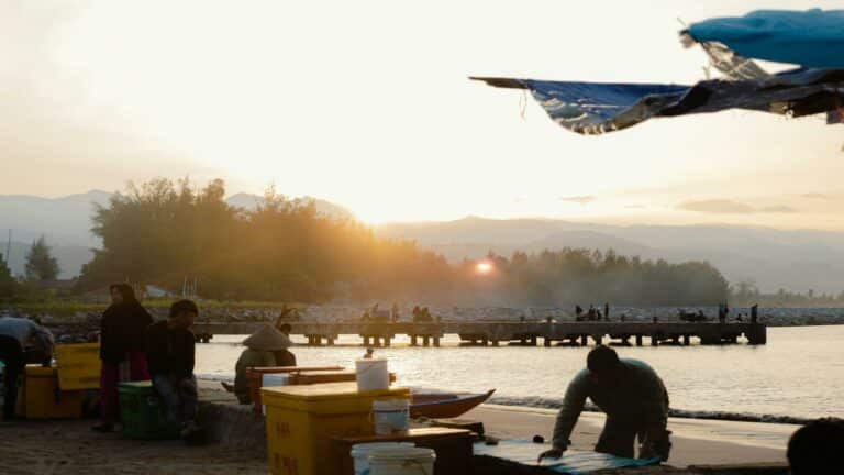 Website usability testing - a serene coastal market scene with people working near the water during sunset.