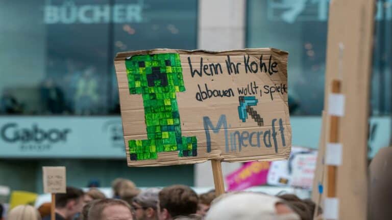 Digital marketing trends in a Minecraft-themed protest sign