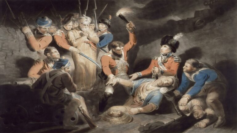 Historical painting of British soldiers aiding a fallen comrade during a battle, emphasizing teamwork and resilience.