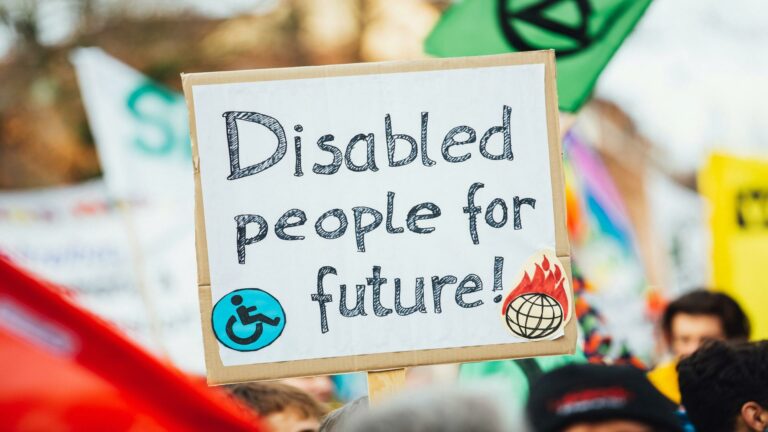 Sign reading 'Disabled people for future!' with symbols for disability and climate change, advocating for inclusivity in climate action.