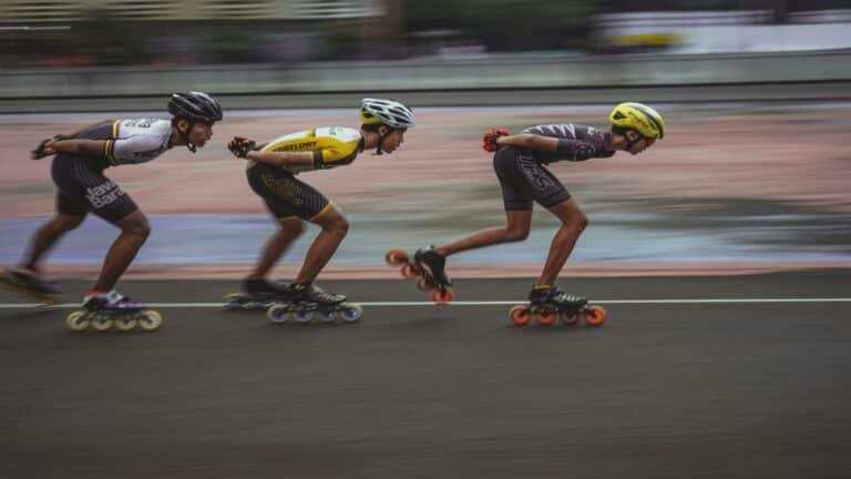 Professional speed skaters racing on a track, showcasing dynamic motion and teamwork for effective link building