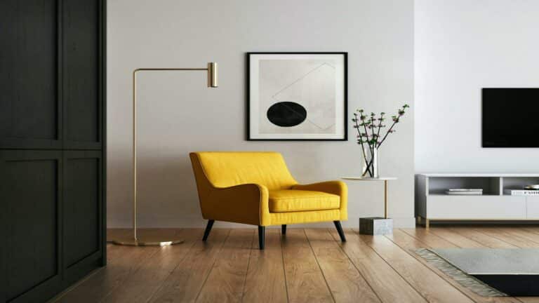 Stylish modern living room featuring a yellow armchair, ideal for social media advertising