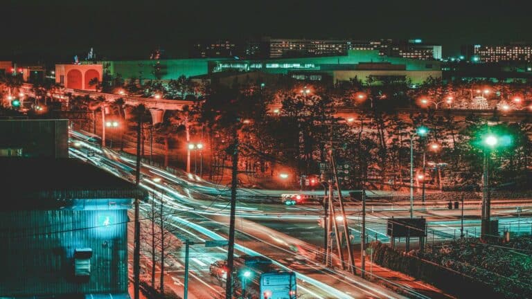 Night cityscape with vibrant traffic trails captured by Web Design London for SEO optimization