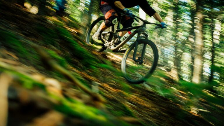 Mountain biking downhill in a vibrant forest, showcasing effective link building for outdoor adventure websites